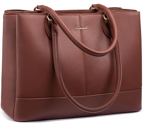 LOVEVOOK Laptop Tote Bag for Women, 15.6 Inch PU Leather Work Tote Bag with 3 Compartments, Large Capacity Waterproof Computer Bag for Office Travel-Brown