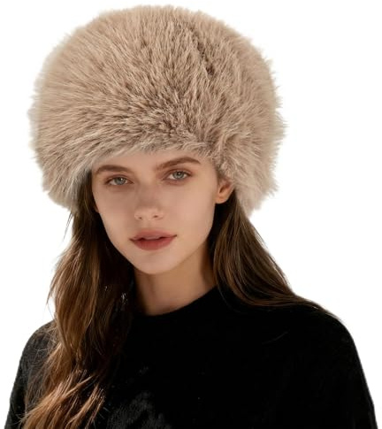 LEHEEYWT Fur Hats for Women, Fluffy Faux Fur Hat, Thermal Cossack Russian Hat Plush Bucket Winter Hats for Women Girl Daily Outdoor (UK, Alpha, One Size, Khaki)