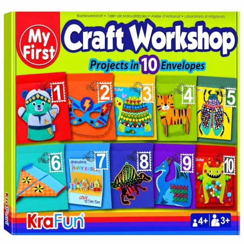 KRAFUN Craft Workshop Origami & Puppets Kit Ages 3+, 10 Envelopes | Craft projects: origami, puppets, lacing & pompoms. 10 envelopes, creative supplies & instructions. Ages 3+
