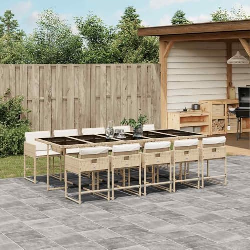 RMIHSJG 11-TLG. Gruppo da giardino con cuscino, beige, polyrattan, sedie pieghevoli con rivestimenti lavabili e piano in vetro per terrazza, mobili da esterno in rattan PE con forma a cubo salvaspazio