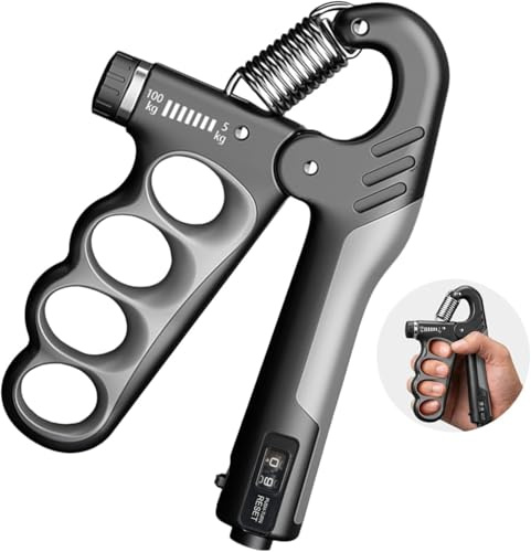 Renforceur de Poigne Gris avec Compteur Électronique, Hand Grip Réglable 5-100 kg, Poignée Ergonomique Antidérapante TPR, Accessoire de Musculation Main et Poignet Musculation