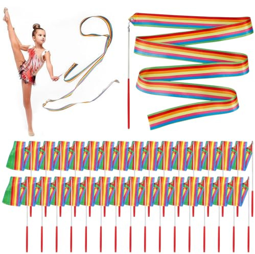 Jonuin 32 Pack Dance Ribbons, 2 M/6.6 Ft Rainbow Gymnastics Ribbon for Kids, Ribbon Wand Party Favors, Dance Ribbons for Carnival Rhythmic Gymnastics Birthday Party Decoration Goodie Bag Stuffers
