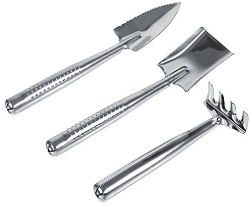 Gartengeräte Set, Outdoor Garten Set 3x Schaufel Spaten Rechen Kunststoff / Edelstahl Griff Mini Gartenpflanze Werkzeug Bestes für Gärtner Frauen & Männer(Stainless Steel