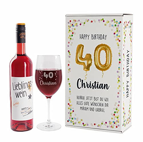 Herz & Heim® Geburtstagsset mit Biorebe Bio-Wein und graviertem Leonardo Weinglas in Geschenkverpackung Rosé, 40. Geburtstag