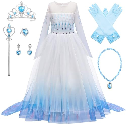 New front Ragazza Abiti Principessa ElsacisaTravestimento Regine delle Nevi Costumi per Bambina Manica Lunga Natale Halloween Vestito Regalo Carnevale Corona Bacchetta Guanti,Bianco,110
