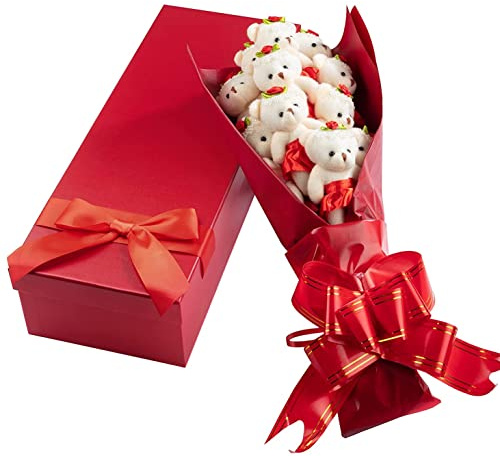 Deluxe Red Love Bear Bouquet - One Dozen Long Stemmed Roses w Plush Bears in Tutus - Gift Box w Bow - Forever Flower Bouquet of 12 Cute Teddys - Easter Basket Stuffer Gift for Kids