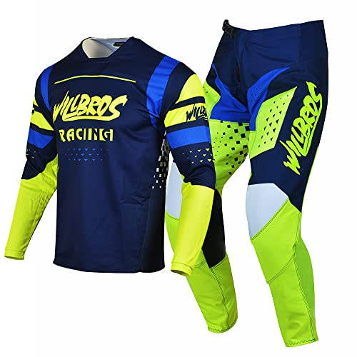 Willbros Pantalones de Camiseta de Motocross Traje Hombres Bicicleta Sucia Gear Set MX Fuera del Camino Montando Adulta Ropa de Carrera Azul Amarilla (Jersey L Pants 34)
