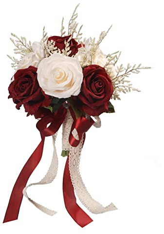 LEIFENY Wedding Bouquets for Bride, Champagne White & Burgundy Bridal Bridesmaid Wedding Flowers, Artificial Toss Rose for Civil Ceremony (Hollow Lace Ribbon Handle)