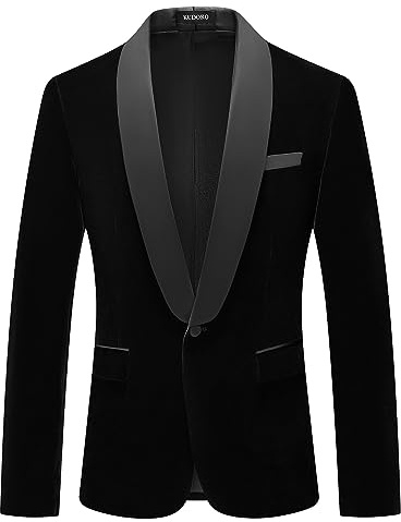 Mens Velvet Blazer - Slim Fit Tuxedo Suits - Shawl Collar Solid Jacket - Wedding Dinner Prom One Button Blazer - Black