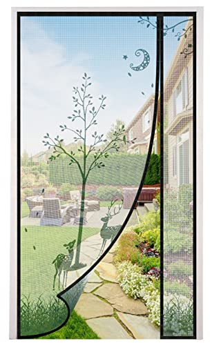 Fliegengitter Balkontür 100x210cm, Rechten &Linken Öffnungs Fliegengitter Tür Magnet,Vorder- und Rückseite sind universal Insektenschutz Balkontür,Kein Bohren,Elch-Motiv+Schwarzer Rand