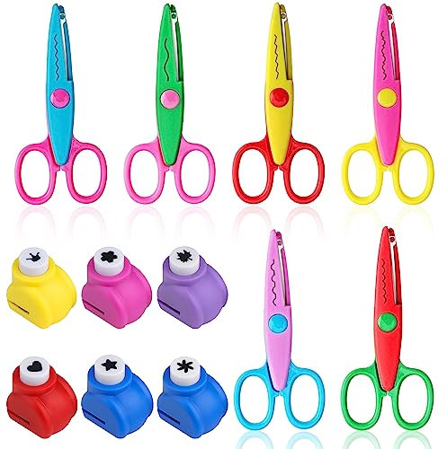 NTGRTY 12er-Set Kinderschere 6 Stk Kinder Bastelschere,Kinder Sicherheit Schere Gezackte Schere 6 Stk Papierstanzer Motivstanzer Ausstanzer Kinder Set für Kinder DIY Scrapbook Fotoalbum Handwerk