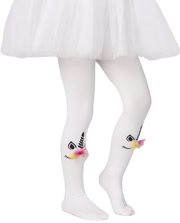 Pullmer Collant da bambina con motivo unicorno, opachi, bianco, 110 cm