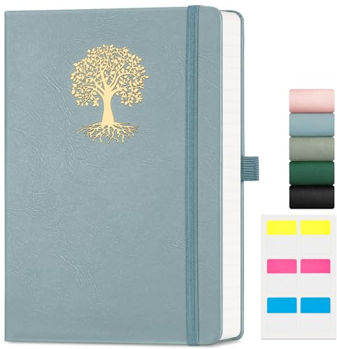 EMSHOI Notebook A5 Lined - 100gsm Hardcover Leather Journal with Sticky Notes, 192 Numbered Pages College Ruled Notebook for Women Men Work School Writing Journaling, 14.5 X 21 cm - Gray Blue