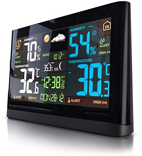 Brandson - Wetterstation Funk mit Außensensor - großes Farbdisplay - Funkuhr DCF Empfangssignal - Innen und Außentemperatur - relativer Luftdruck - Barometer - Temperaturtrend – Lichtsensor - schwarz