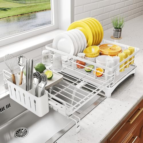 SNTD Dish Drying Rack - Extendable Dish Rack, Large Sink Drying Dish Drainer for Kitchen Counter, Stainless Steel Dish Strainer with Utensil Holder (White)