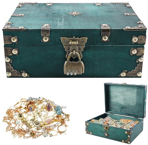 PRITOK Coffre au trésor vintage en bois : coffre au trésor vintage avec serrure à combinaison, boîte à bijoux avec couvercle, pour anniversaire d'enfant, petit coffre au trésor de pirate (vert, 24 x