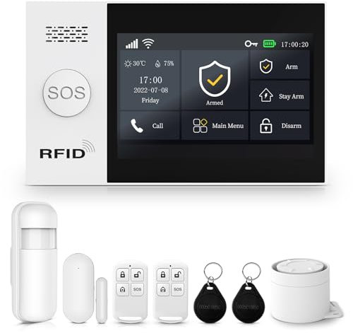 XNY 4.3 Pulgadas Pantalla Táctil Alarmas para Casa,WiFi/gsm Alarma Casa Inalámbrica, Sistema de Alarma con Sirena, 8 Piezas: Detector de Movimiento, Sensores de Puertas y Ventanas, Mando a Distancia