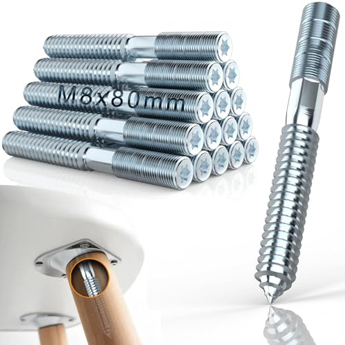 Mbsomnus 15 Pezzi Vite a Doppio Filetto M8x80mm Vite Doppia Filettatura Bullone M8 Doppia Vite Barre Filettate a Doppia Estremità Acciaio Zincato per Collegamenti Mobili in Legno