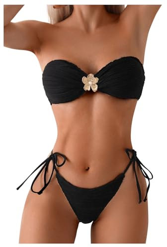 GORGLITTER Damen Bandeau Bikini Sets Trägerloses Bikinioberteil Tanga High Waist 2 Piece Strandmode Zweiteiliger Swimsuits Bikinis mit Knoten Schwarz S