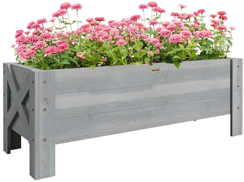 Outsunny 58L Garden Raised Bed Planter Grow Containers for Outdoor Patio Plant Flower Vegetable Pot Fir Wood, 100 x 36.5 x 36 cm, Grey