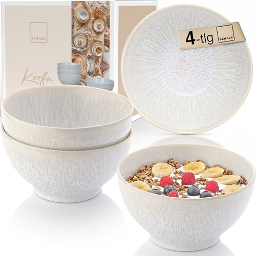 SÄNGER Korfu | Steingut Bowl Schüssel 4 teilig, Schüssel Set 4 Personen, Schale spülmaschinen- & mikrowellenfest, Müslischalen, Schüsseln Creme mit sandiger Maserung 600 ml | PREMIUM COLLECTION