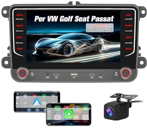 Hexinex Autoradio 2 DIN per Golf 5 6 Passat Jetta Caddy Polo cc Tiguan EOS Touran T5 Scirocco Wireless CarPlay Android Auto Bluetooth/FM/RDS/USB/EQ/Tipo-C/Comandi al Volante