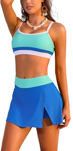 SHEKINI Bikini för kvinnor, hög midja, badkjol med säkerhetsshorts, bandeau, bikini, topp, färgblock, baddräkt, tvådelad, magkontroll, badmode, baddräktsklänning, blå, XL