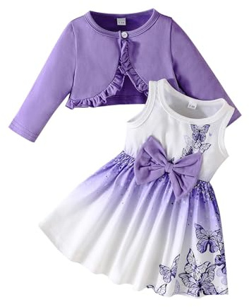XIXIMAON Kids Girls Dress and Cardigan Set Butterfly Heart Floral Sleeveless Tank Sundress Ruffle Coat Baby Girl Winter Outfit Toddler Autumn Clothes (Purple, 3-6 Months)