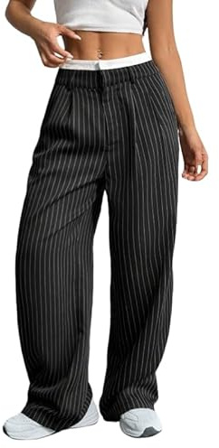 KIJSKKOPO Pantalon À Rayures Taille Haute pour Femme, Pantalon Large Drapé Contrasté Patchwork Noir avec Poches, Pantalon De Costume Droit Hip Hop Y2K Décontracté Et Élégant pour L'Automne, N