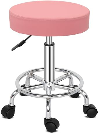 Bonnlo Round Rolling Stool with Wheels - Height Adjustable Swivel Stool - for Salon Massage Home Kitchen Clinic, Weight Capacity 400lbs (Pink)