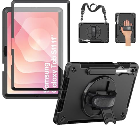 Junfire Hülle Robuste für Samsung Galaxy Tab S11 (11) 2025, Stoßfeste Schutzhülle mit Displayschutzfolie, Drehbarer Ständer, Handschlaufe, Schultergurt und Stifthalter – Schwarz