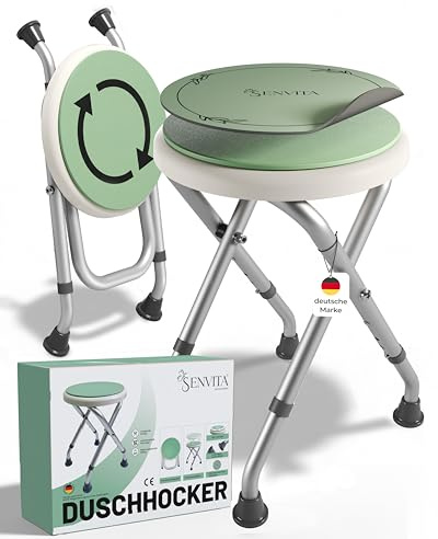 Senvita® Duschhocker Klappbar, 360° Drehbar & 160kg Belastbar | Duschstuhl für Senioren | Höhenverstellbare, rutschfeste Duschhilfe mit Sitzkissen | Badhocker & Badewannensitz