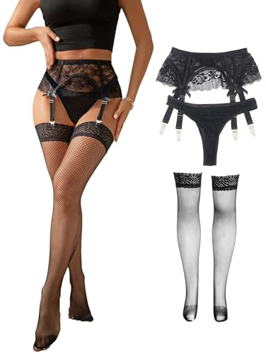 ohmydear Liguero de encaje para mujer con 4 clips, liguero de tallas grandes, sexy con ligas, juego de lencería de cintura alta, juego de tirantes con bragas para Navidad, XS-4XL, M-L