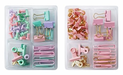 Lot de 2 Boîtes de Fournitures de Bureau – 1 Rose & 1 Multicolore Pastel – Punaises, Trombones, Pinces & Clips – Set Papeterie Bureau, École, Télétravail, Cadeau