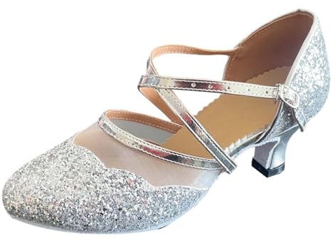 Zapatos de baile latino brillantes con parte superior de malla, correas, puntera brillante, tacón bajo, ideal para salir por la noche.