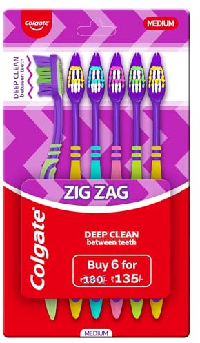 Colgate Zigzag Toothbrush for Deep Inter Dental Clean with Multi Angle Zig zag bristles (Medium, Pack of 6)
