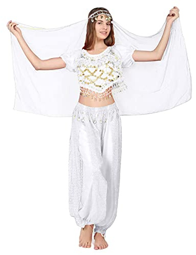 Carnavalife 3Pcs Mujeres Danza del Vientre, Ropa India Lentejuelas para Disfraz de Princesa, Conjunto de Bailando Top Pantalones de Linterna y Cadena de la Cabeza Barbijo