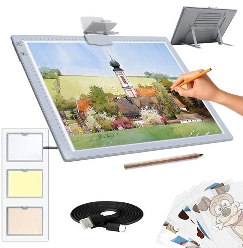 Wiederaufladbares A3 Leuchttisch mit Ständer,kabellos batteriebetrieben Led LichtPad,3 Farben dimmbar und 6 Helligkeitsdimmen Lichtplatten für Zeichnung,Diamond Painting,Malen,Röntgenbetrachtung