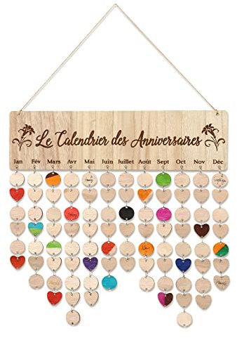 OYEFLY Gifts for mamans Dads – Calendrier en bois pour rappel d’anniversaire – Plaque murale avec traqueur – 100 étiquettes avec trous et motifs de paroles de famille