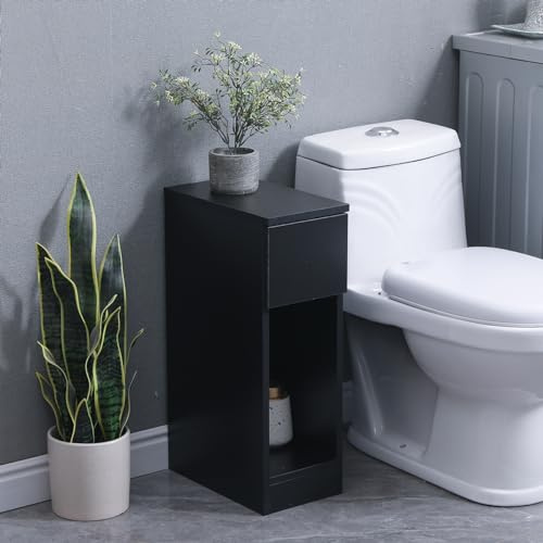 Redd Royal Black Slim Bathroom Storage Cabinet with Drawers for Corner Small Space, Toilet Floor Cupboard Wood High Glossing for Bath Unit Storage and Organizer (Black Toilet Cabinet)