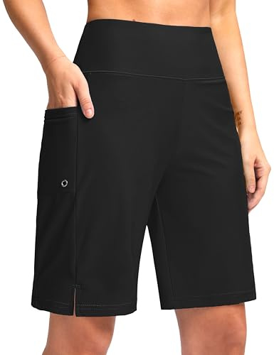 G Gradual Women's 9 Long Swim Board Shorts with Pockets High Waisted Knee Length Beach Swimming Shorts for Women with Liner(Black,L)
