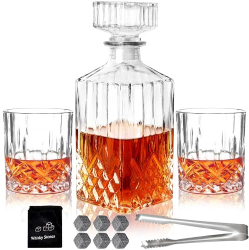 Whiskey Decanter Set for Men, 2pcs Whiskey Glass Cups and 1pcs Glass Decanter with Cooling Stones Clear Whisky Liquor Bottle for Whiskey Bourbon Rum Men Fathers'Gift
