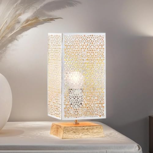 Marrakesch Tischlampe Nachttischlampe 25cm groß | Orientalische Deko Lampe im Wohnzimmer Schlafzimmer oder Kinderzimmer | Moderne Tischleuchte Autigan weiß aus Metall & Holz mit E27 Fassung