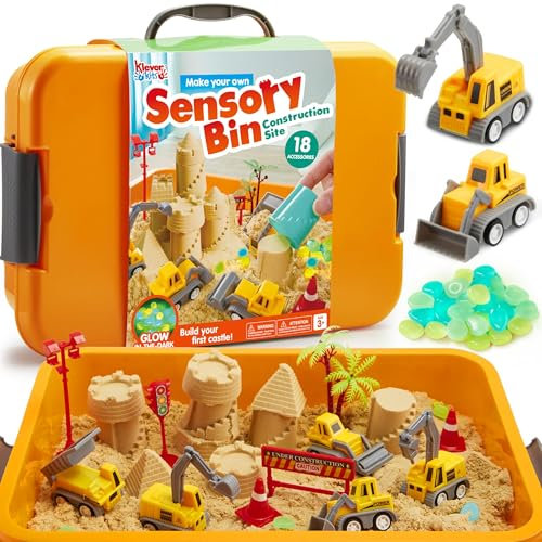 Klever Kits Magic Sand Set Spielsand Baustelle Kinder Koffer Spielsand für Kinder,Baustellen Sandkasten mit 18 Zubehörteilen,Leuchtenden Steinen,Zaubersand Sandspielzeug für Jungen ab 3 4 5 6 7 8 9