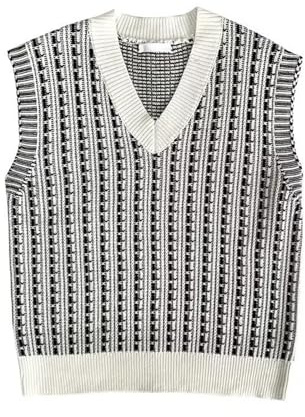 Chaleco de suéter suelto para hombre con cuello en V, informal, sin mangas, suéter de punto a rayas, suéter negro elegante