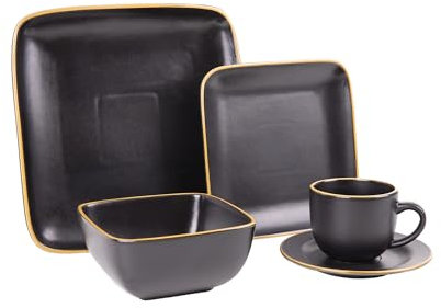 Cofan Vajilla negra de cerámica cuadrada | Juego de 20 piezas | Vajilla negra con borde vintage | Apta para lavavajillas, microondas y horno