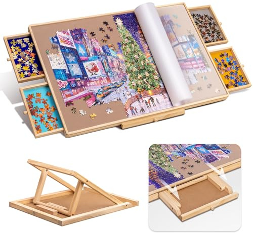 Tektalk Table de Puzzle avec Support réglable intégré Plateau en Bois à 3 Angles d'inclinaison Couvercle Amovible 4 tiroirs de tri jusqu'à 1000 pièces