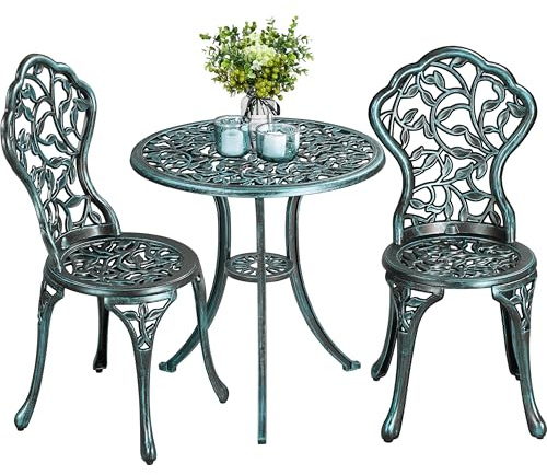 Yaheetech 3-Piece Bistro Dining Set, Outdoor Patio Table and Chairs Antique Aluminium Furniture for Garden Backyard Porch Balcony Lawn Pool, Green