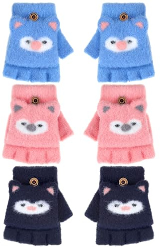 Geyoga 3 Pair Kid Fingerless Gloves Convertible Flip Top Gloves Winter Warm Half Finger Mitten for Kid Boy Girl 1-4 4-7 Year(Blue, Pink, Navy Blue,1-4year)