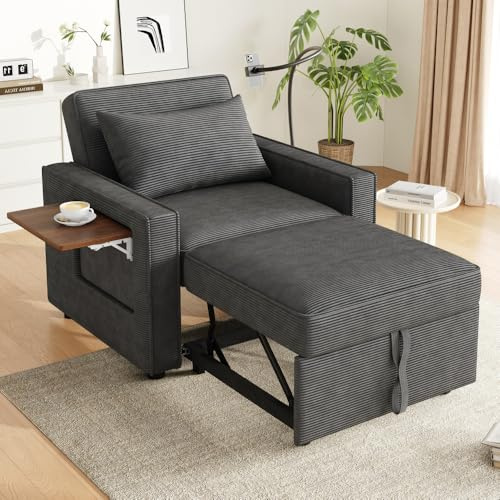 Sofá cama plegable multifuncional con puerto de carga USB y soporte para teléfono móvil, sofá convertible cama reclinable de 1 plaza convertible, tela pana (gris)